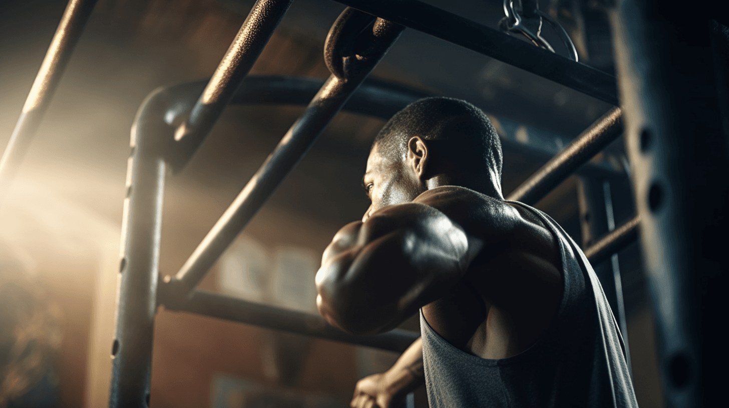 Photorealistic athlete performing a strict pull-up on a gym bar